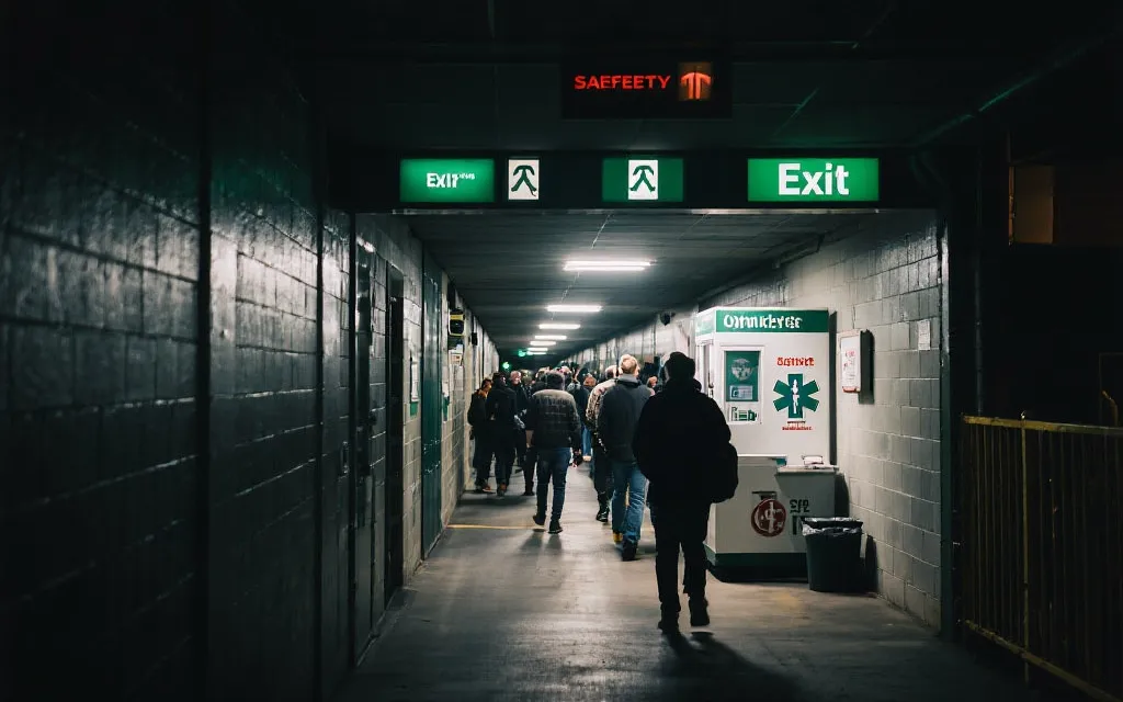 大型体育场人群有序疏散与急救指示牌，夜间灯光下的安全通道