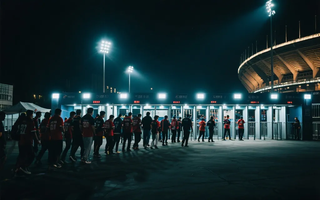 球场外安保检查点与球迷步行通道的夜景氛围画面