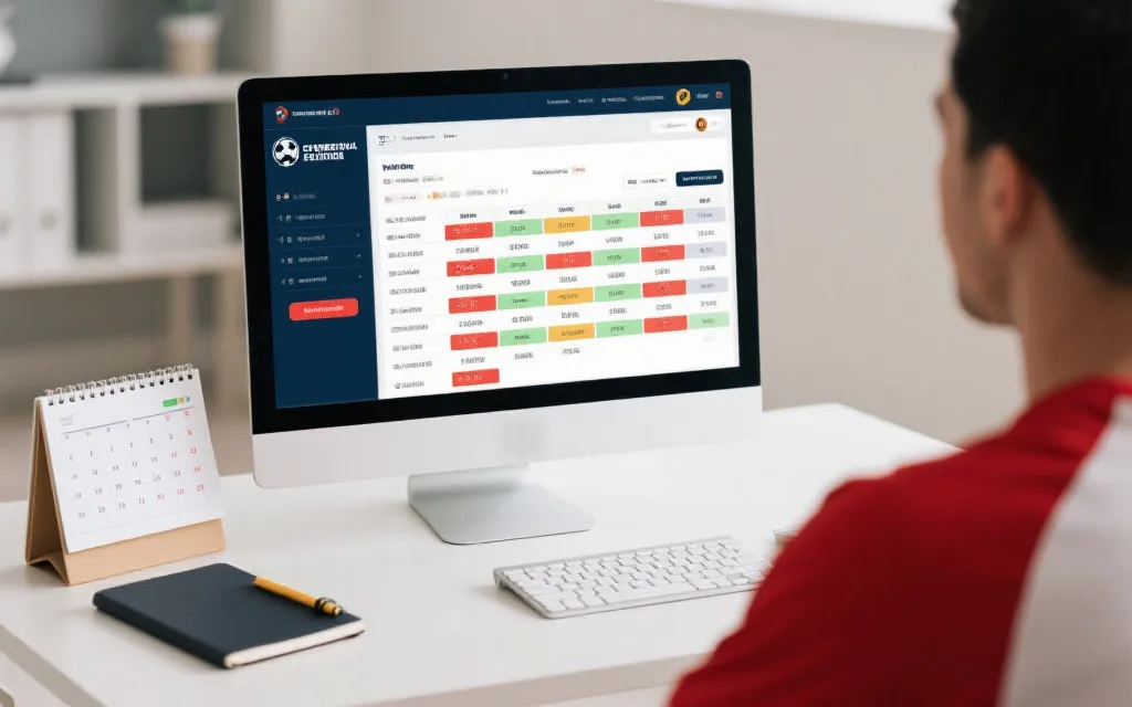 球迷在笔记本电脑前查看足球赛程和积分榜的网页界面示意